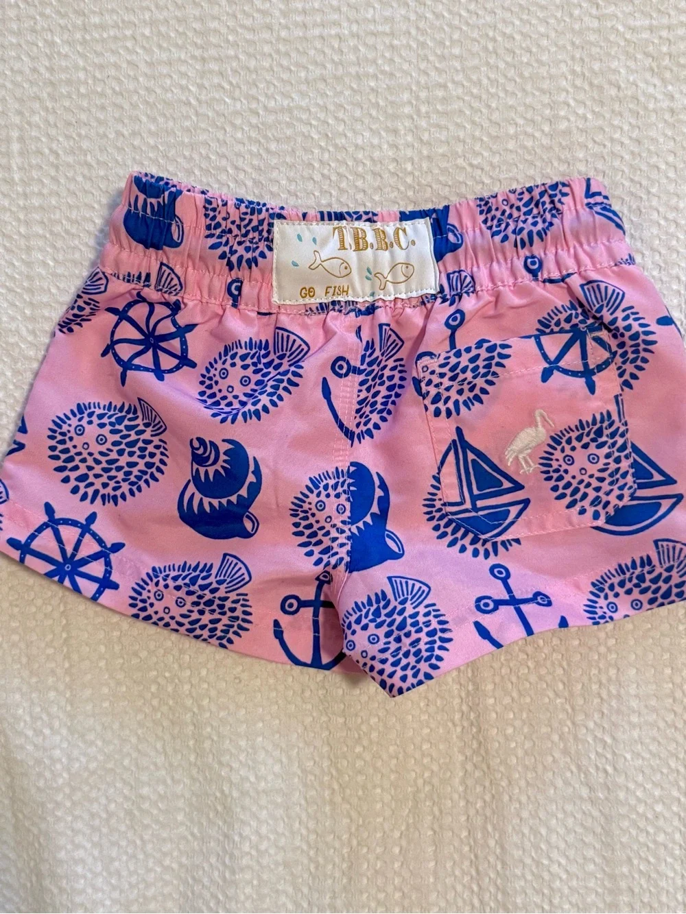 The Beaufort Bonnet Company Pink Swim Trunks with Blue Nautical Print